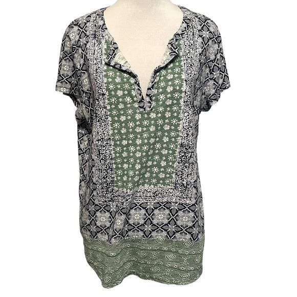 Lucky Brand Placed Scarf Knit Top Womens Large Blue Green Mixed Prints Boho Tee - Picture 1 of 7